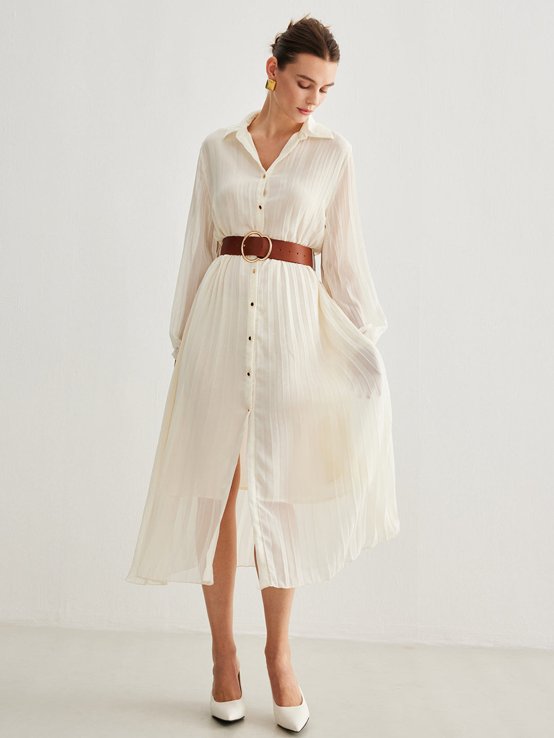 Semi-Sheer Chiffon Button Pleated Dress With Belt