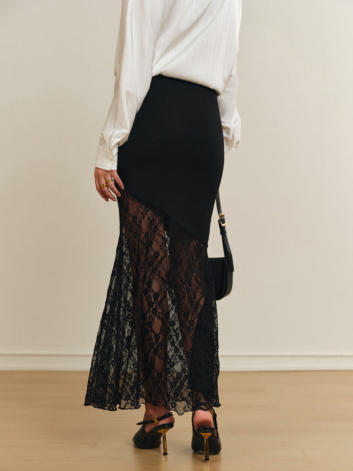 Semi-Sheer Lace Panel Jersey Skirt
