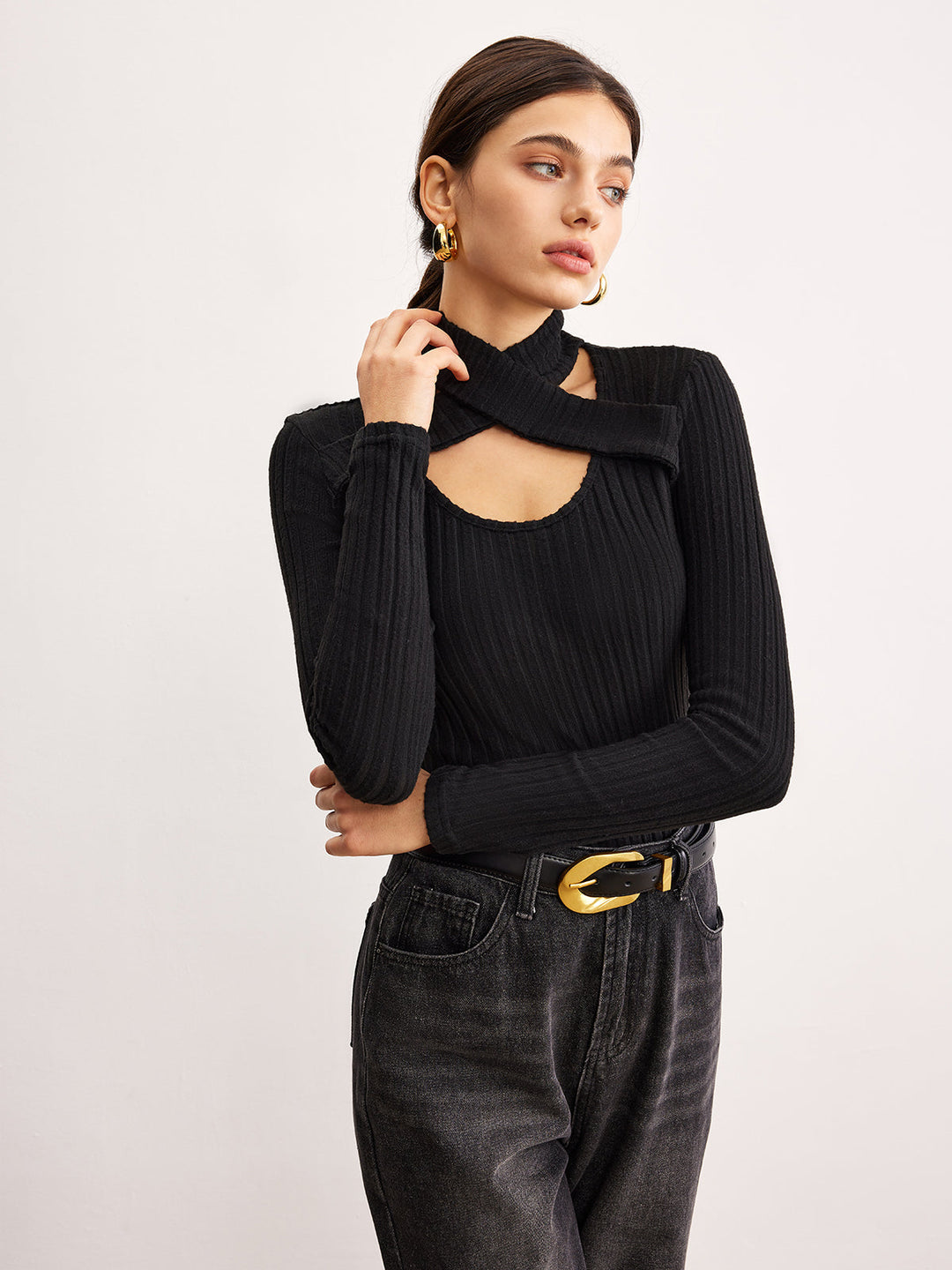 Criss Cross Neck Ribbed Top