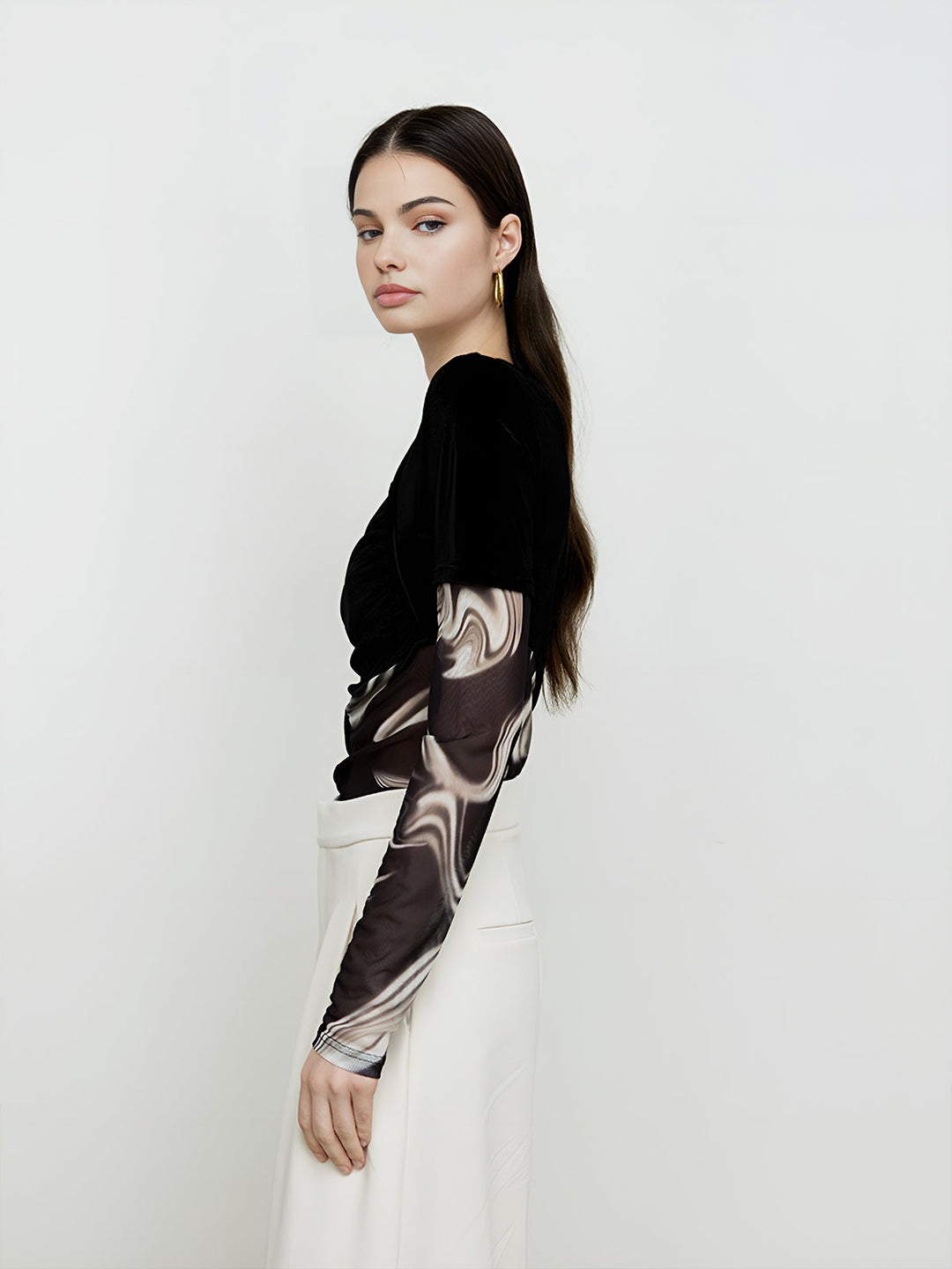 Semi-Sheer Geometric Printed Mesh Jersey Top
