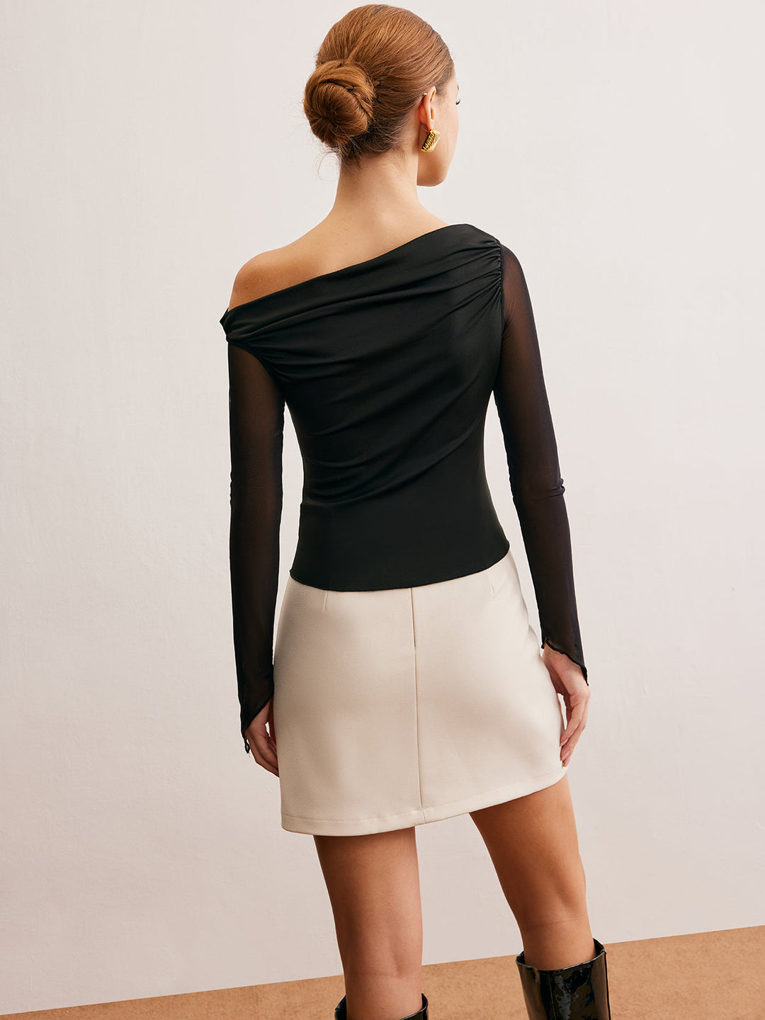Asymmetric Ruched Semi-Sheer T-Shirt