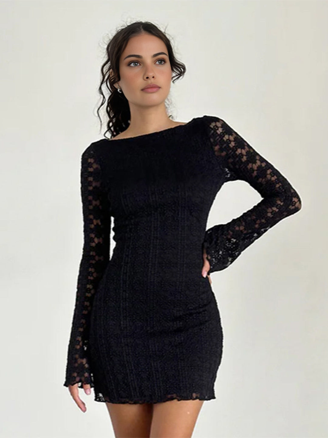 Semi-Sheer Textured Lace Short Dress