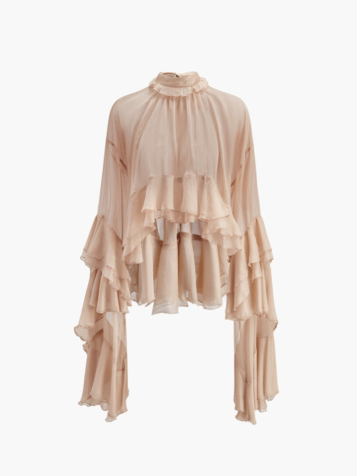 Sheer Turtleneck Ruffle Chiffon Blouse