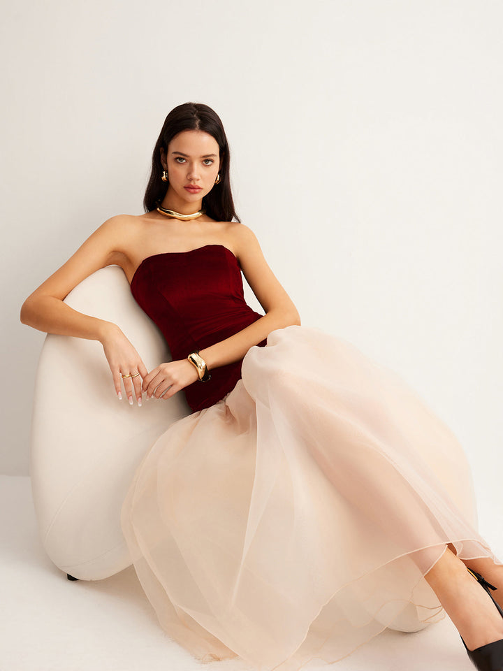 Semi-Sheer Velvet Panel Mesh Tube Dress