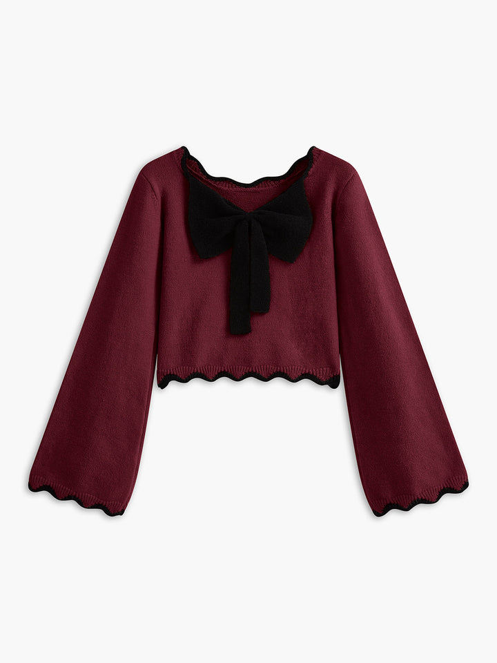 Contrast Wave Trim Bow Sweater