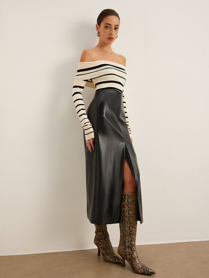 Off-Shoulder Striped Slim Sweater