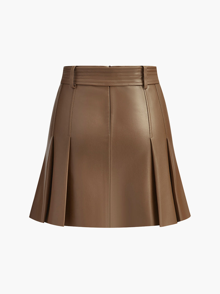 Faux Leather Pleated Skirt With Belt