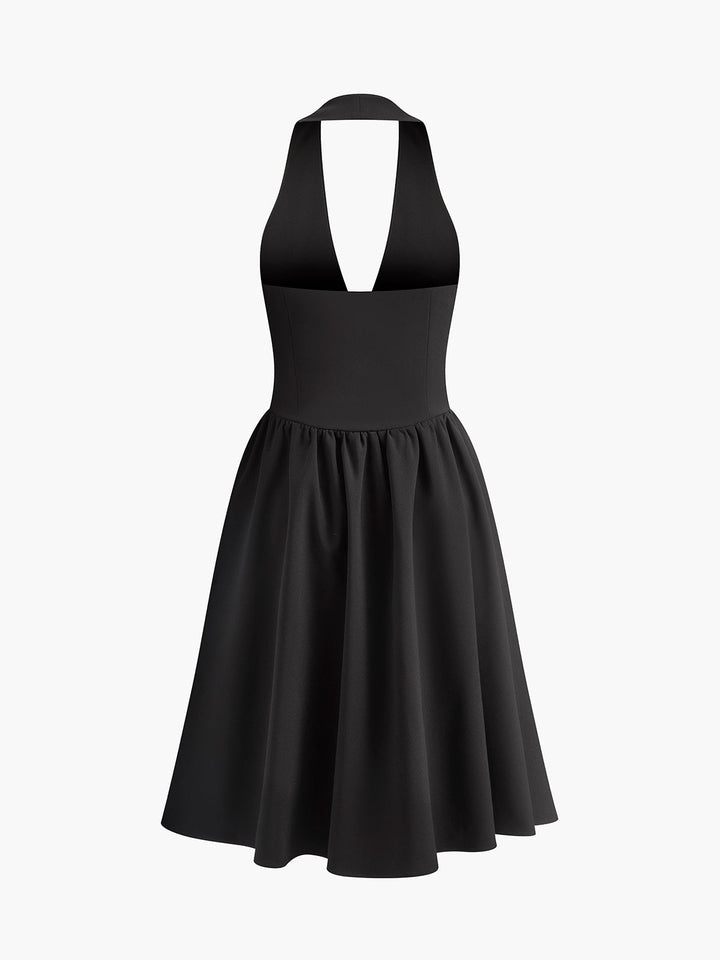 Bow-Decor Cutout Pleated Halter Short Dress