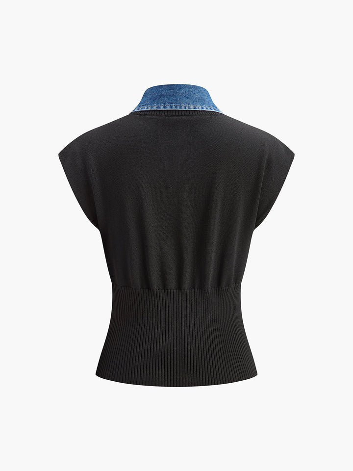 Denim Collar Ribbed Knit Top