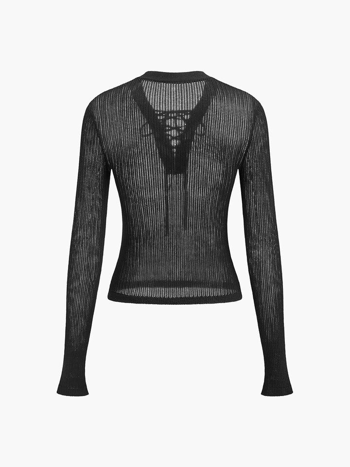 Lace-Up Front Sheer Long Sleeve Sweater