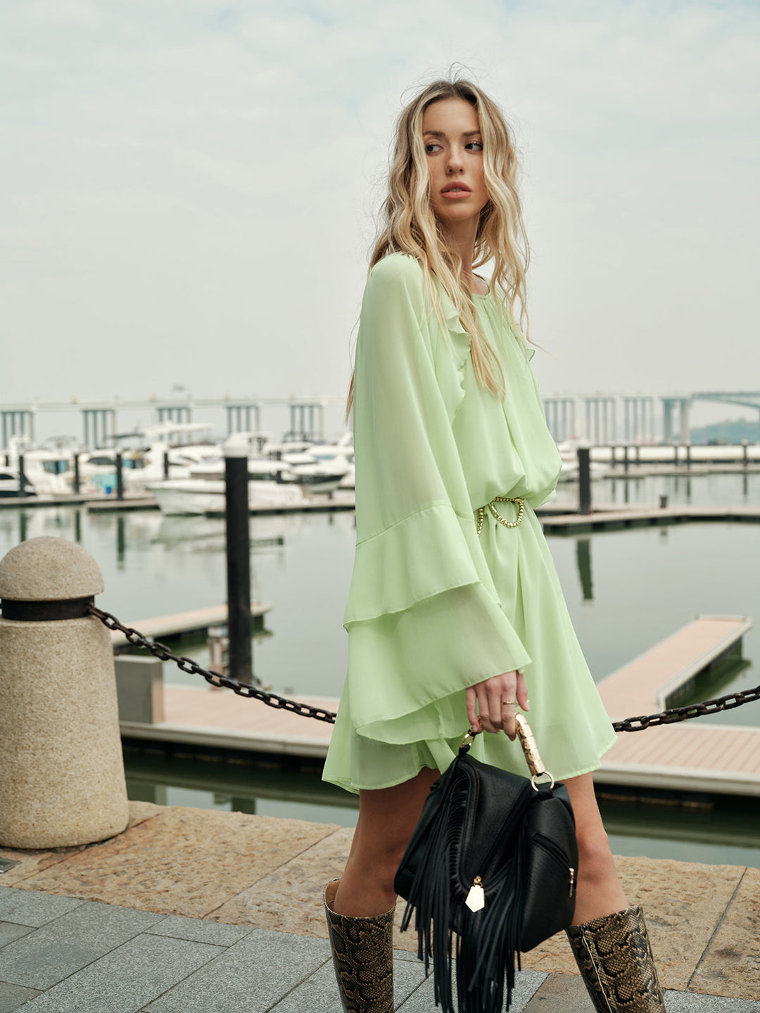 Semi-Sheer Ruffled Sleeve Chiffon Dress Without Belt