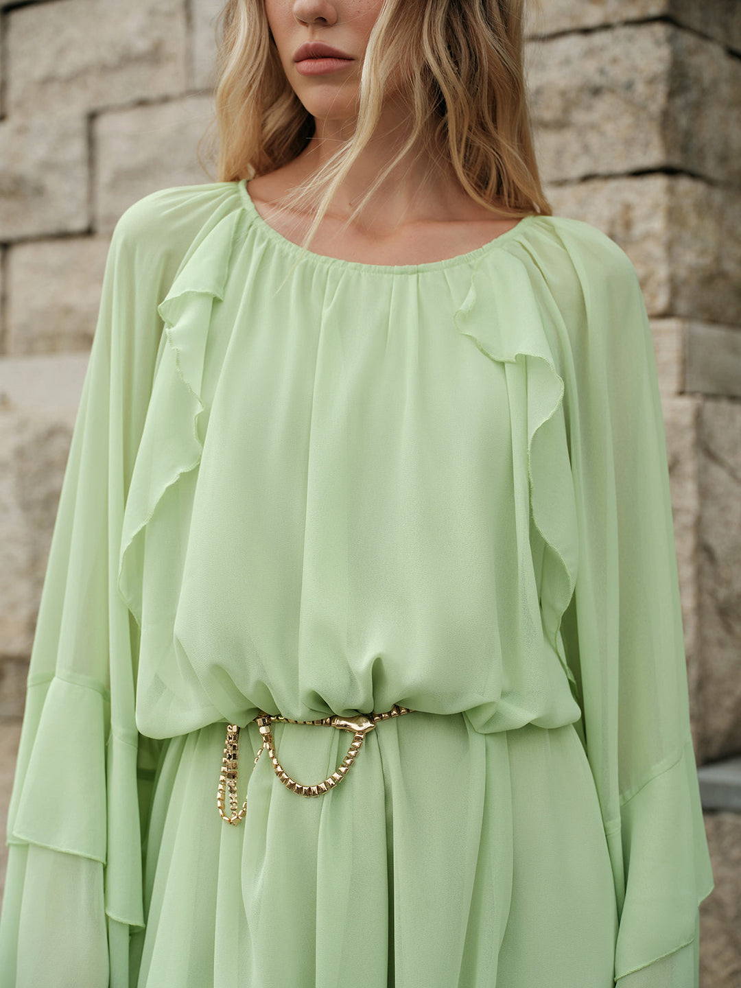Semi-Sheer Ruffled Sleeve Chiffon Dress Without Belt