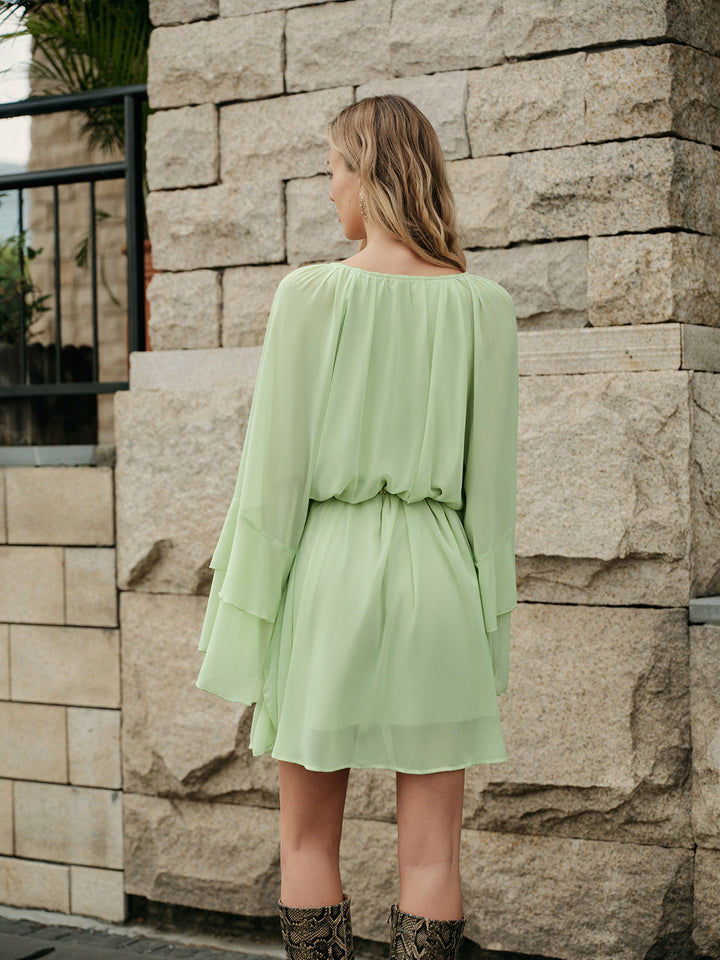 Semi-Sheer Ruffled Sleeve Chiffon Dress Without Belt