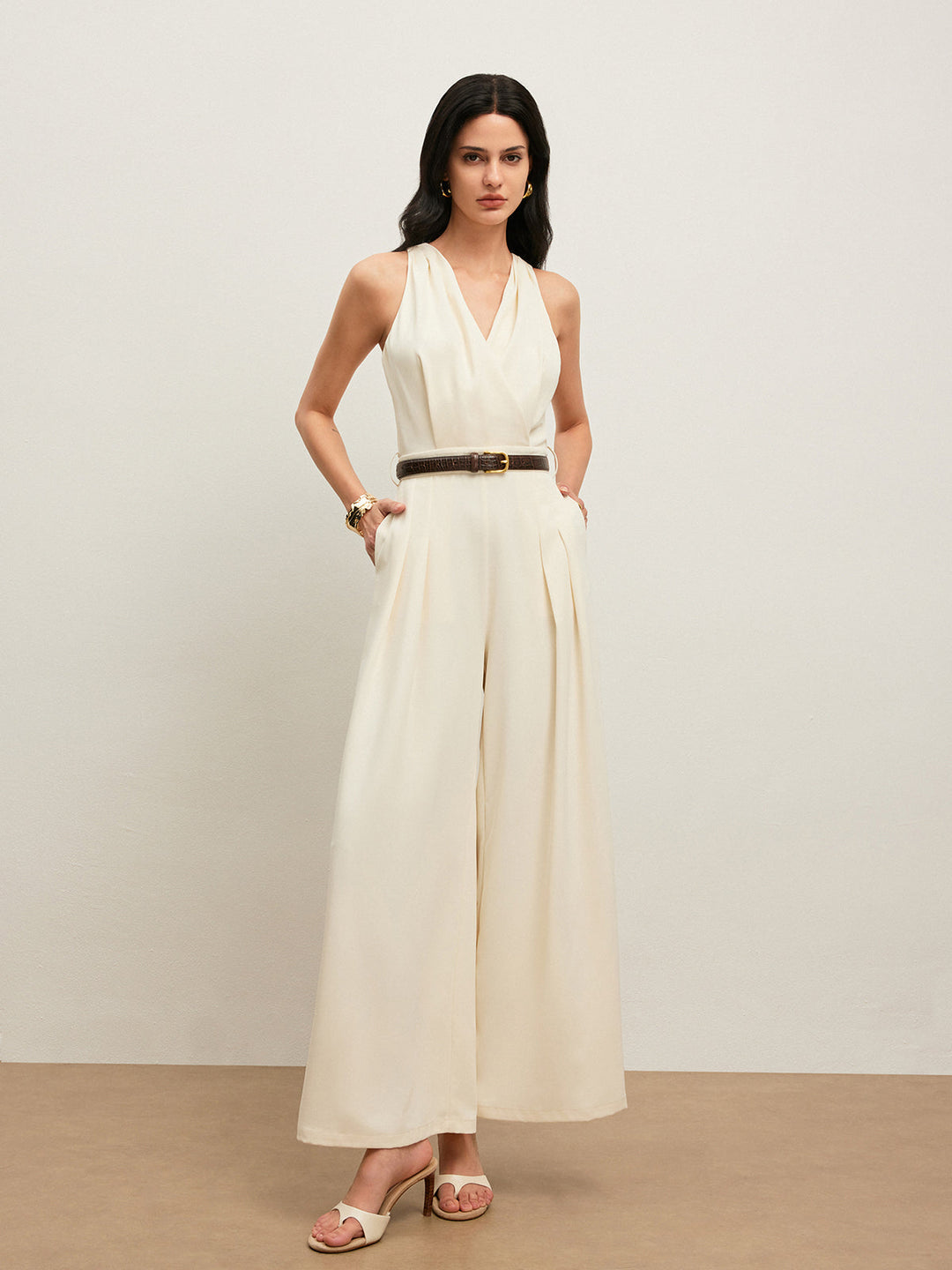 Back Button Halter Jumpsuit With Belted Waist