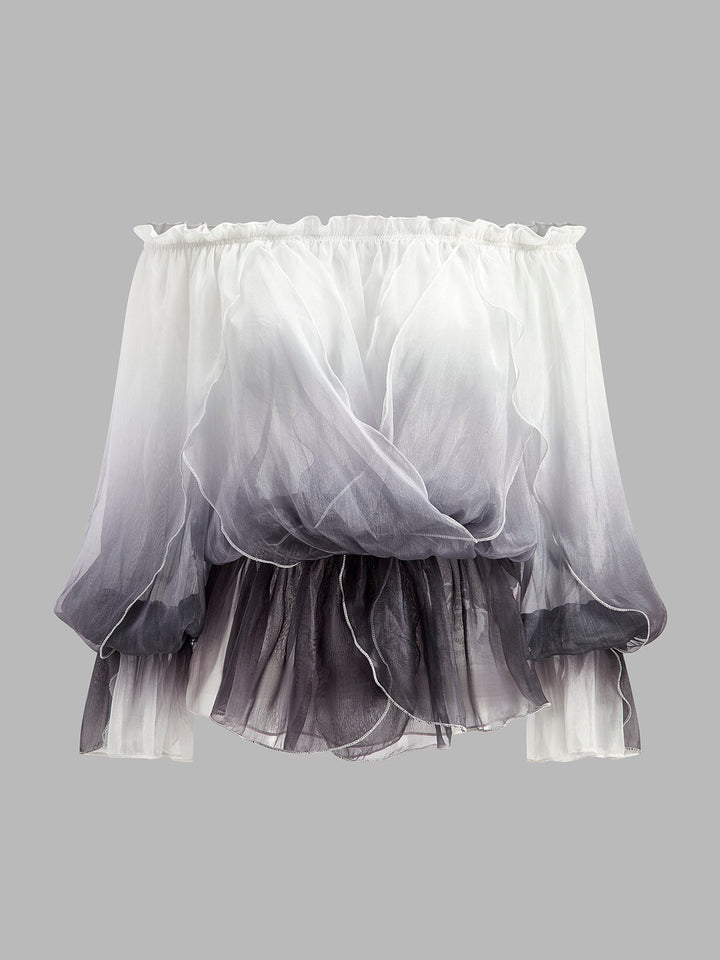 Semi-Sheer Gradient Floral Off-Shoulder Chiffon Top