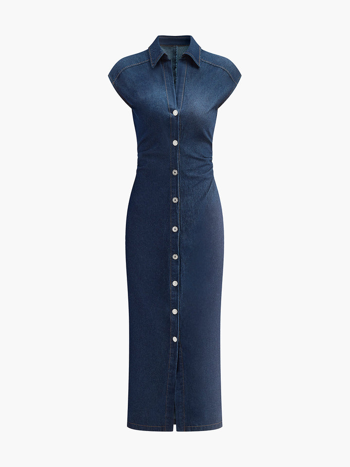 V-Neck Sleeveless Button Denim Dress