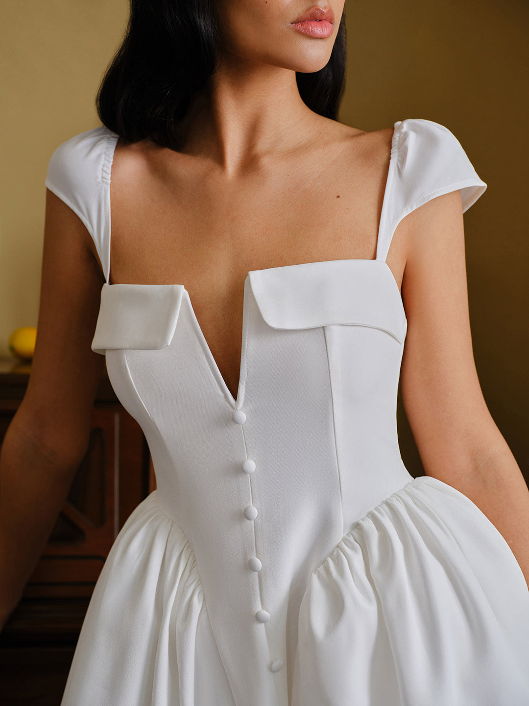Button-Front Sweetheart Puff Sleeve Dress