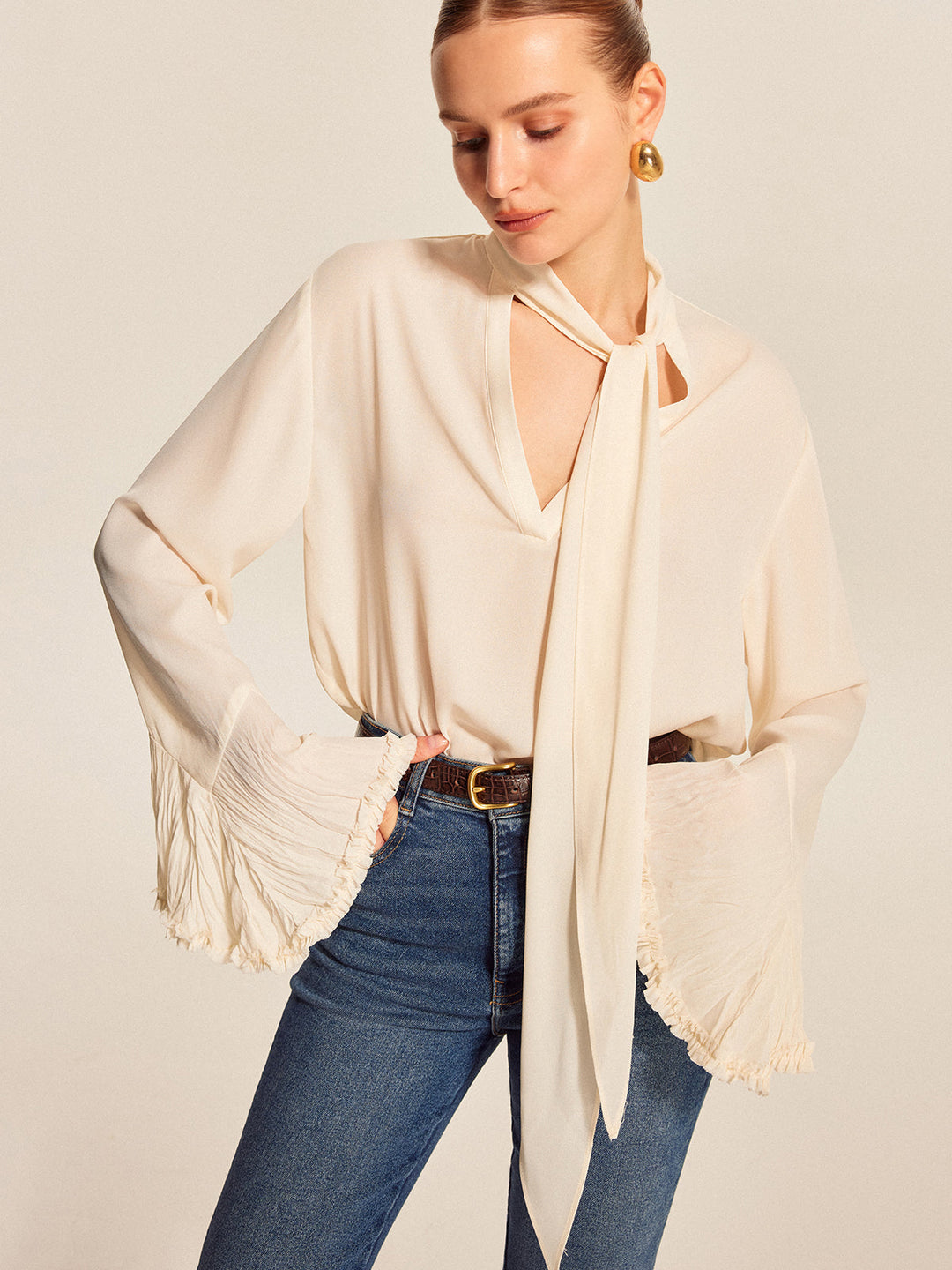 Semi-Sheer Bow Tie Pleated Cuff Chiffon Blouse
