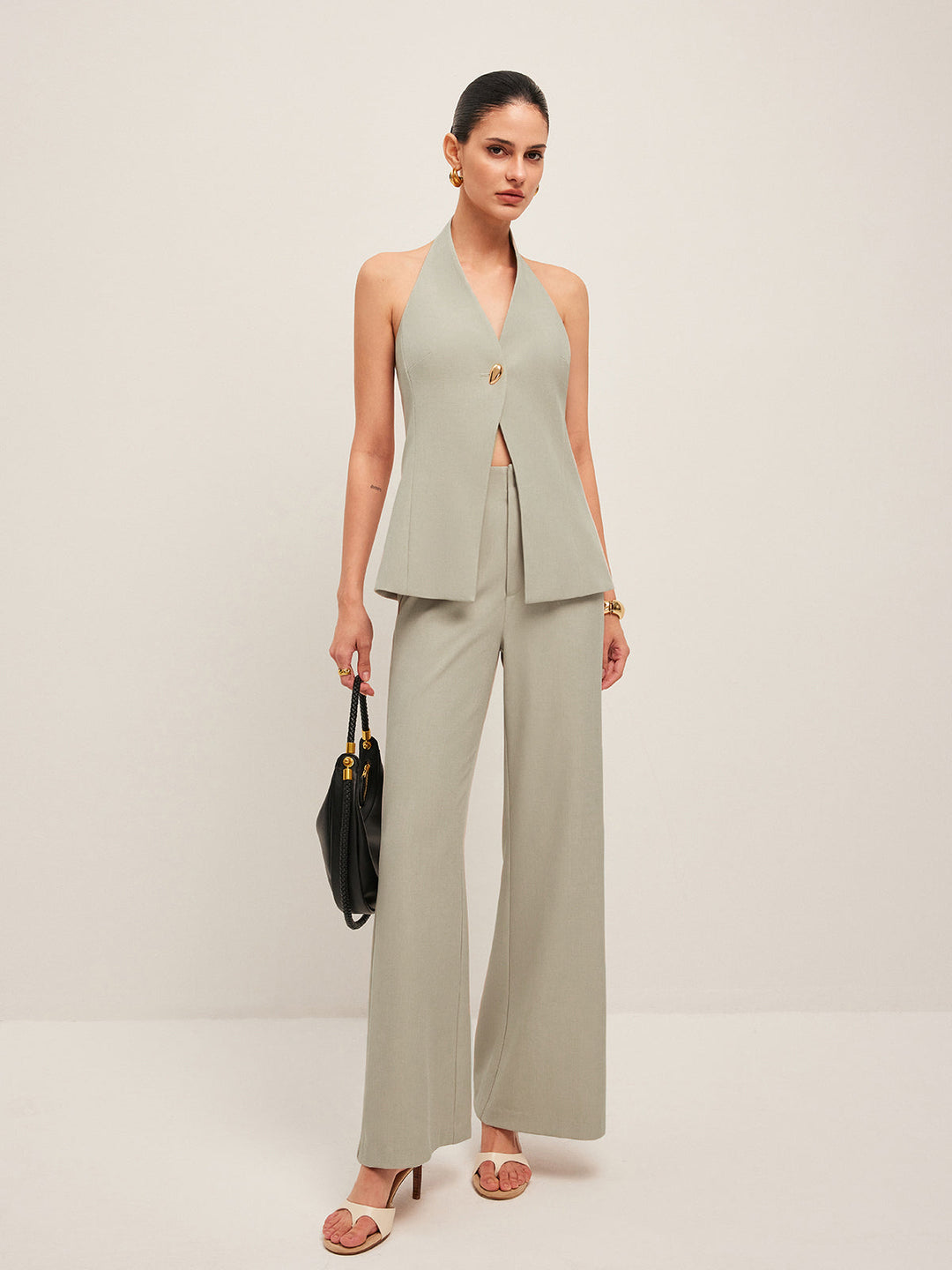 Halter Neck Metal Button Detail Backless Vest