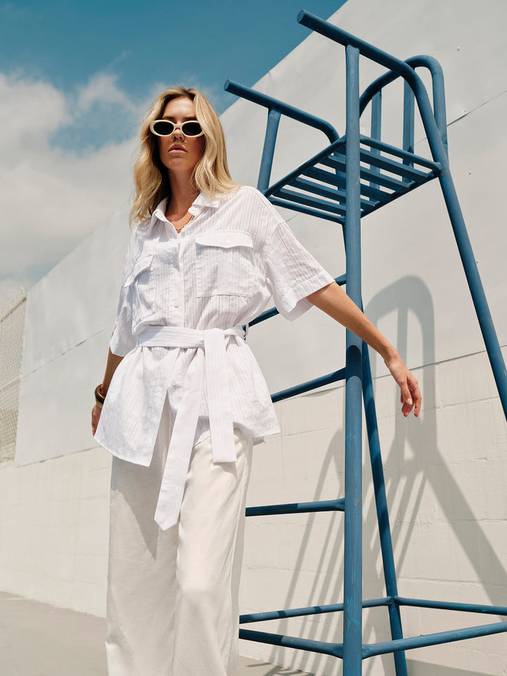 Semi-Sheer Cotton Button Collar Shirt With Belt
