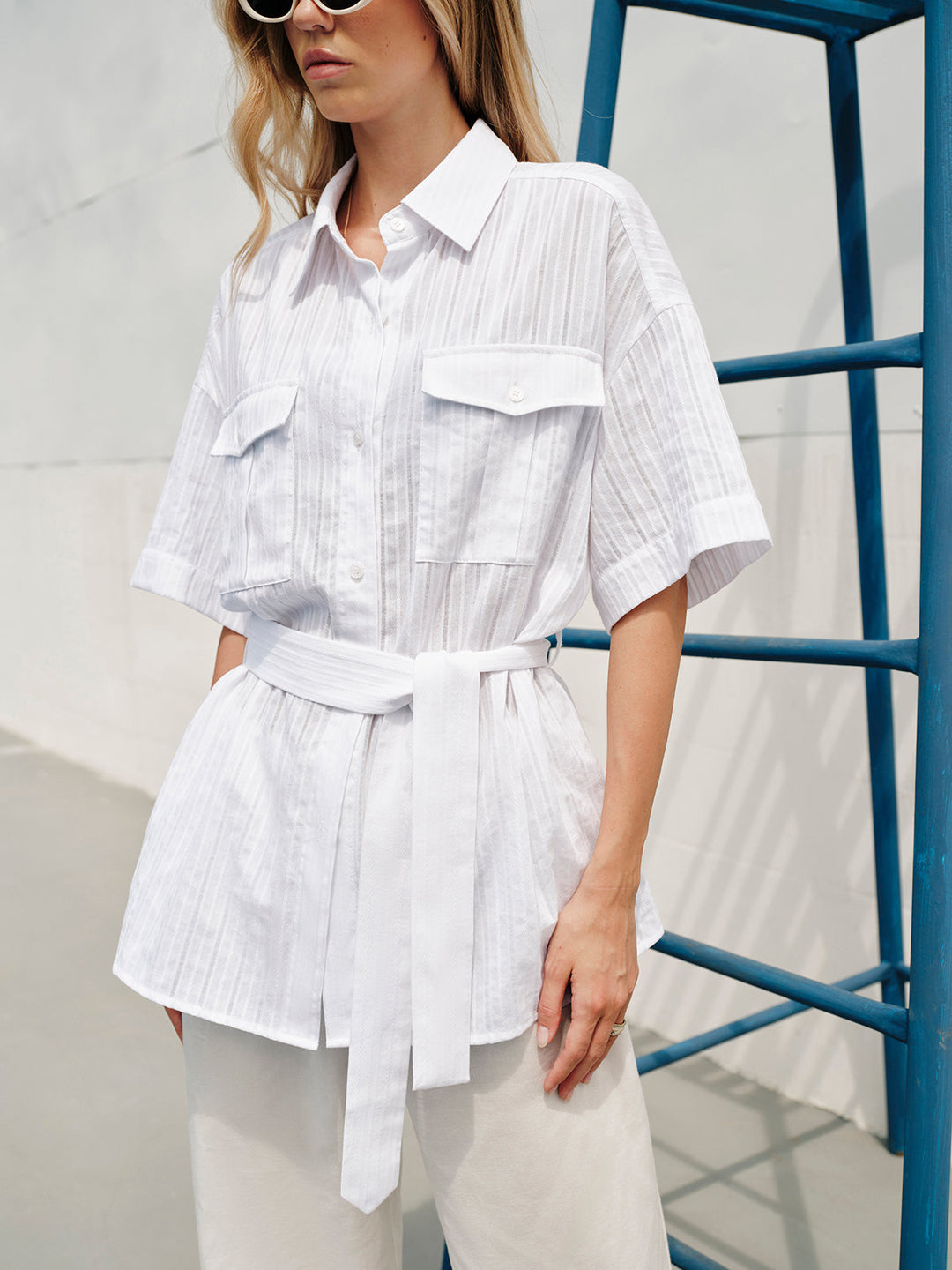 Semi-Sheer Cotton Button Collar Shirt With Belt