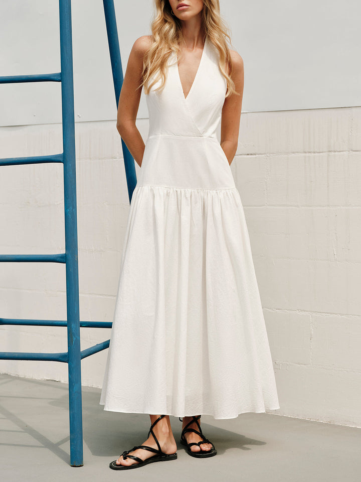 Cotton Halter V-Neck Backless Dress