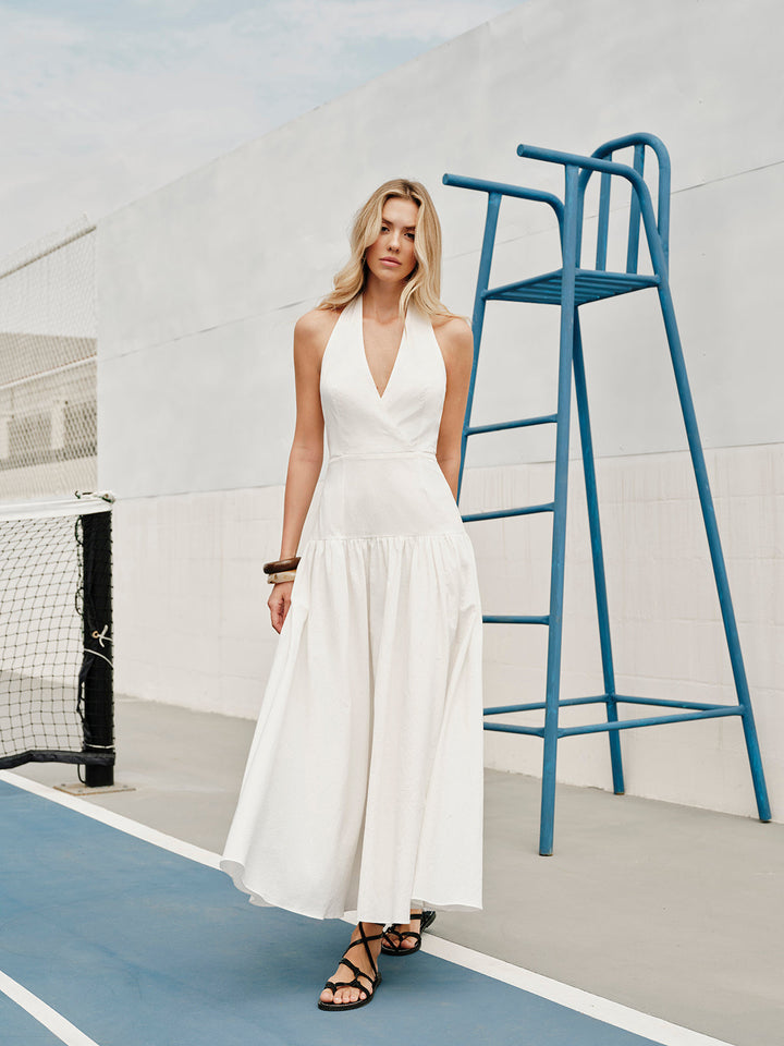 Cotton Halter V-Neck Backless Dress
