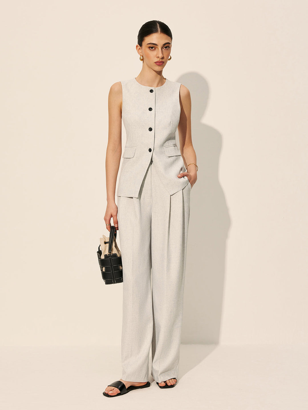 Mid-Waist Pleated Wide-Leg Pants