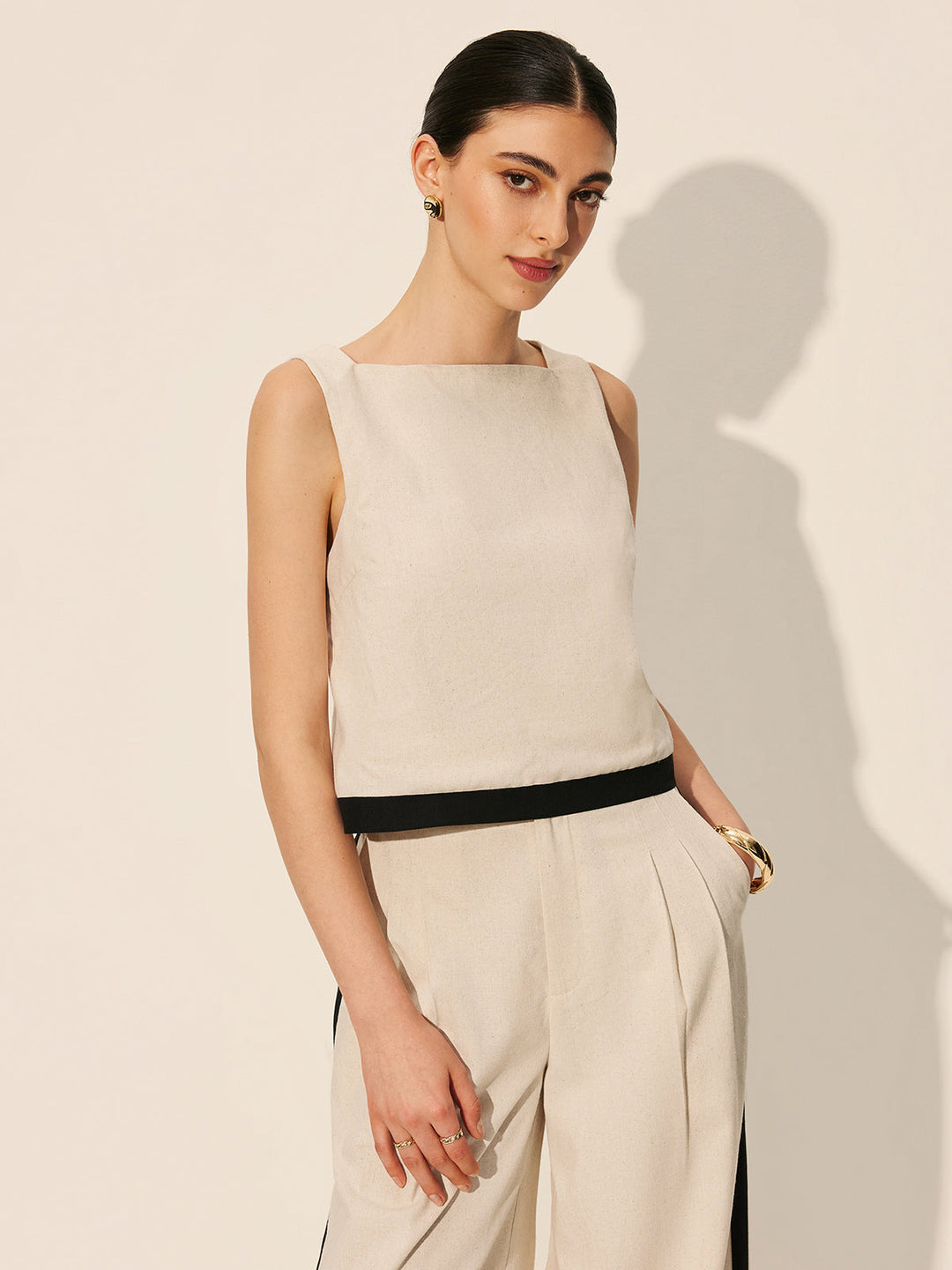 Linen & Cotton Zipper Contrast Binding Pant Set