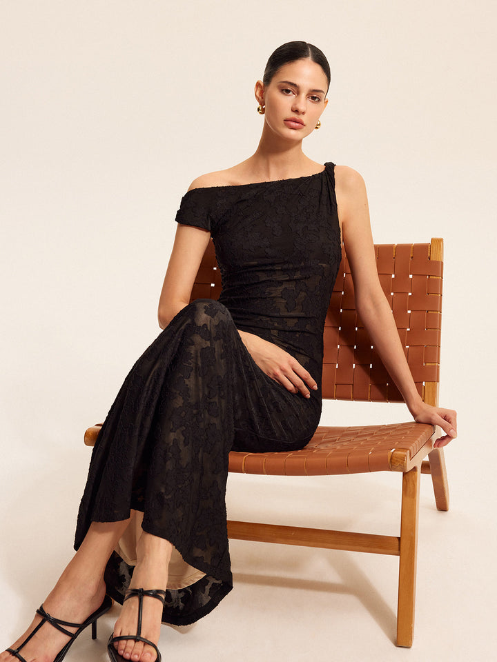 Semi-Sheer Lace One-Shoulder Maxi Dress
