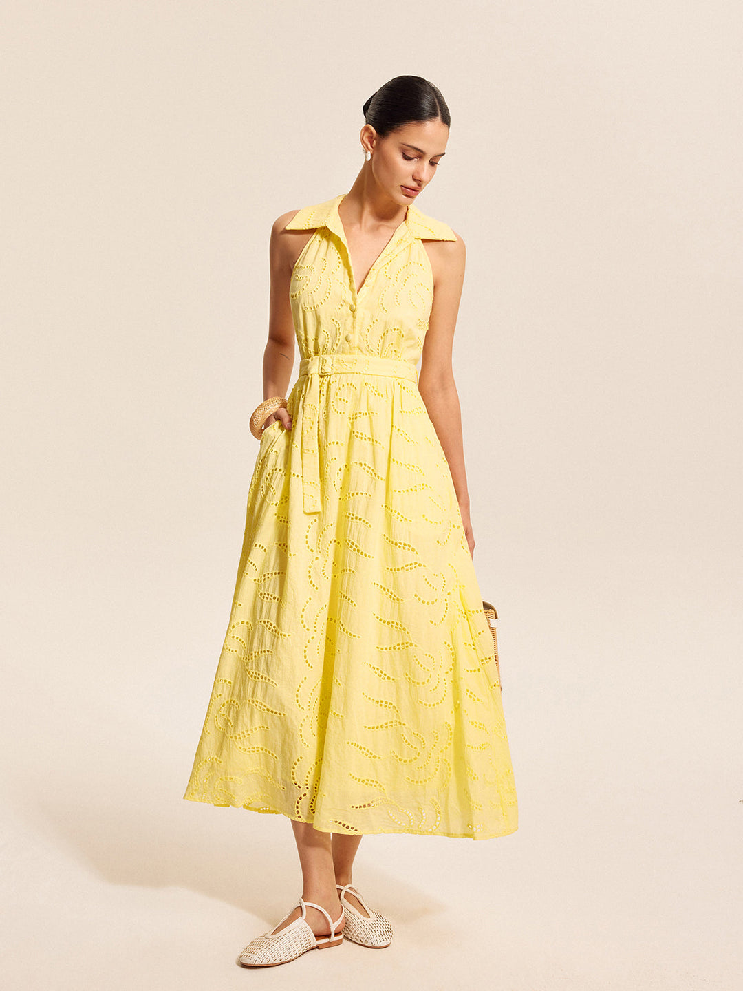 Cotton Belted Embroidered Dress