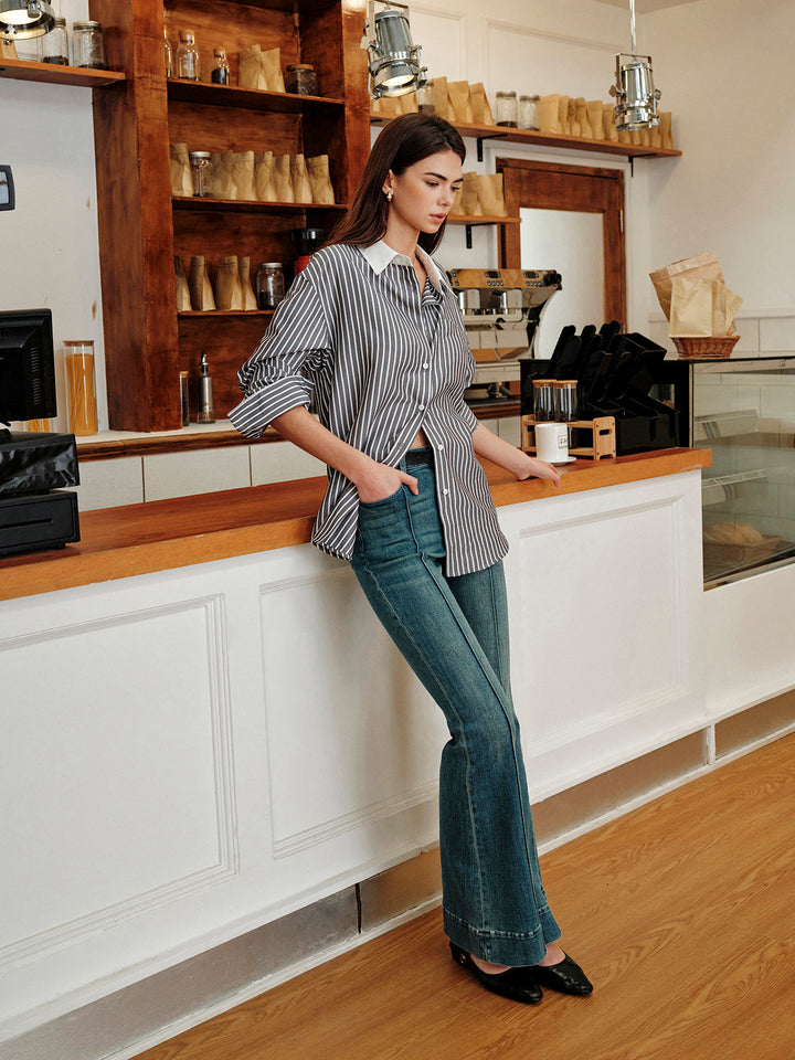 Striped Contrast Collar Button-Up Shirt