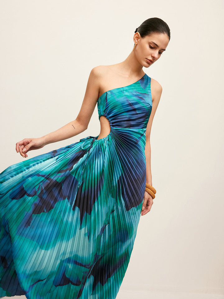 Side Cut-Out One-Shoulder Pleated Dress