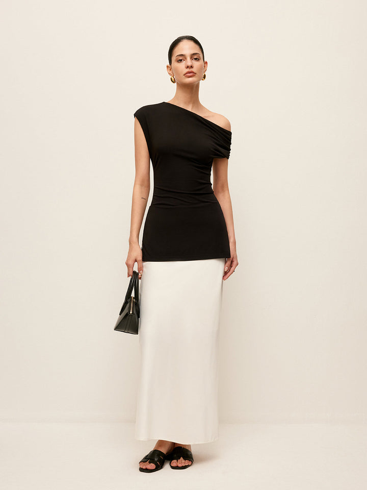 Asymmetrical-Neck Split Blouse