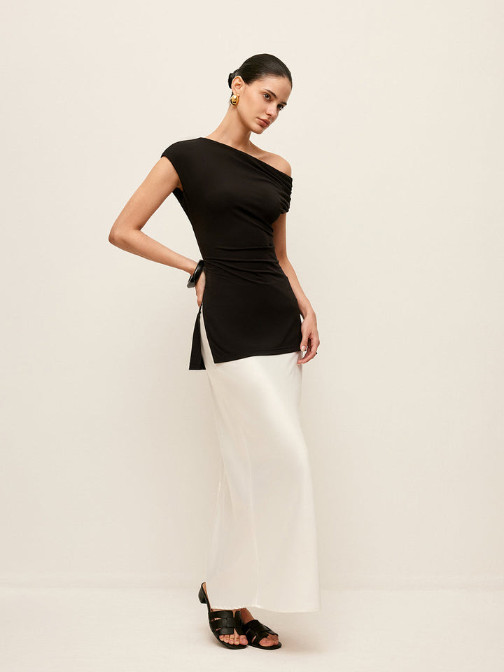 Asymmetrical-Neck Split Blouse