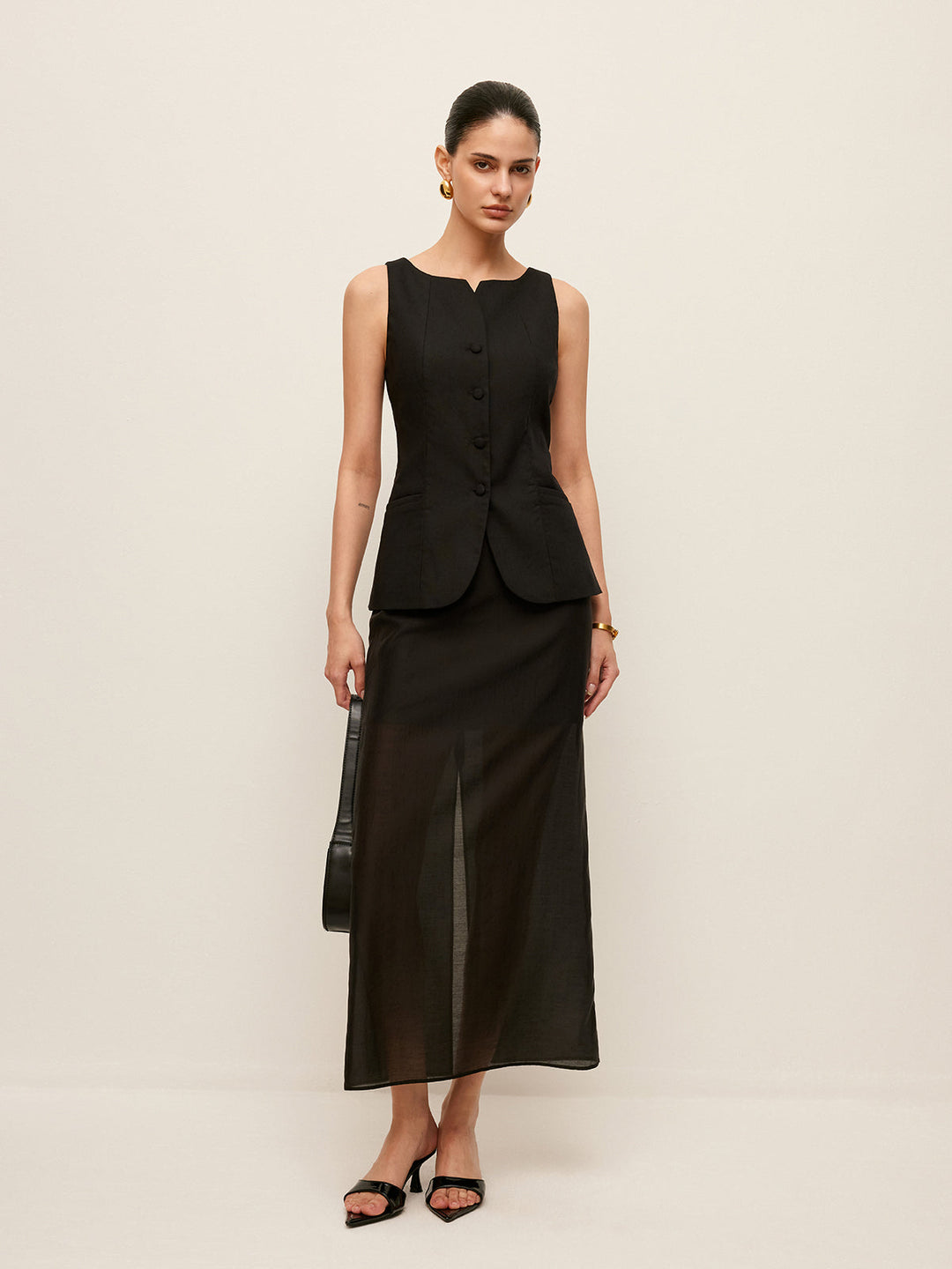 Cotton & Linen Button-Front Vest Without Belt