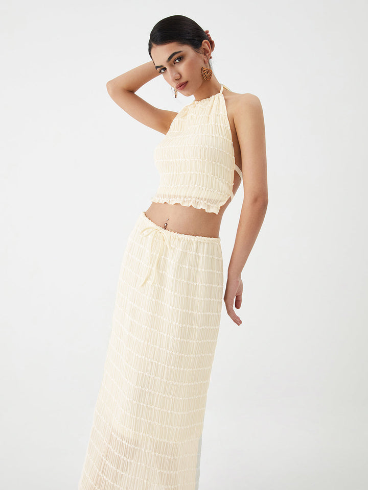 Backless Halter Top With Pleated Maxi Skirt Set
