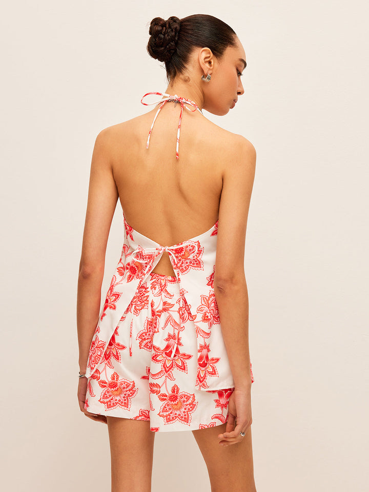 Floral Halter Neck Tie-Front Shorts Set