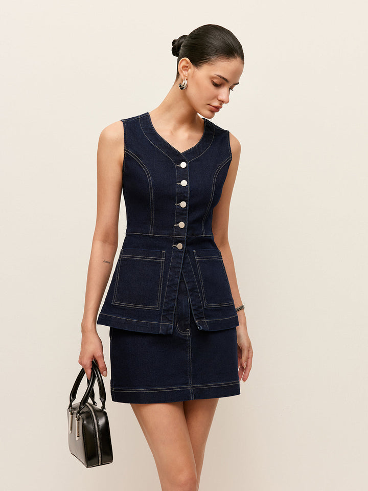 Denim Button-Front Vest With Pockets