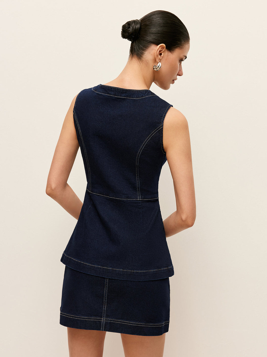 Denim Button-Front Vest With Pockets