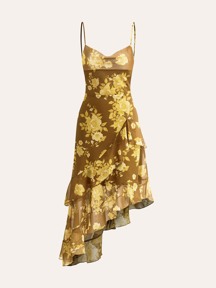 Floral Ruffle Hem Back Tie Cami Dres