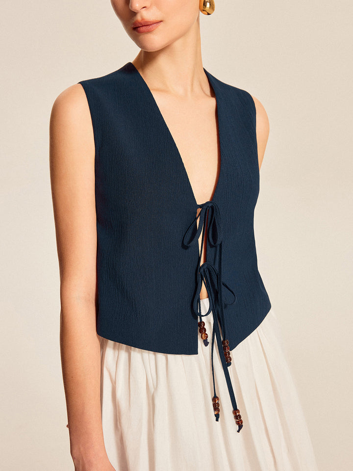 Tie Front Beaded Sleeveless Top