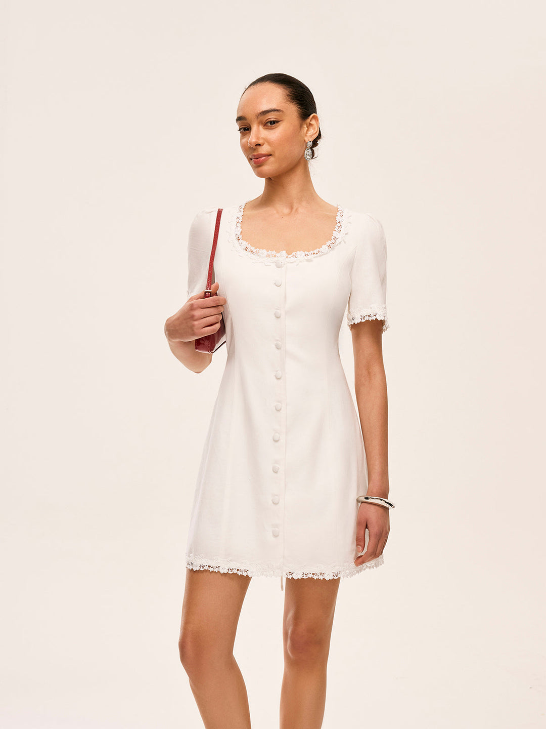 Cotton & Linen Lace-Trimmed Button-Detail Dress