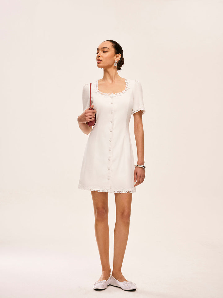 Cotton & Linen Lace-Trimmed Button-Detail Dress