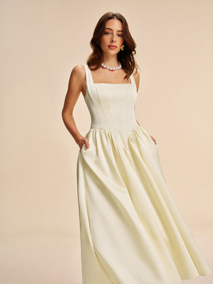Square Neck Pleated Dress