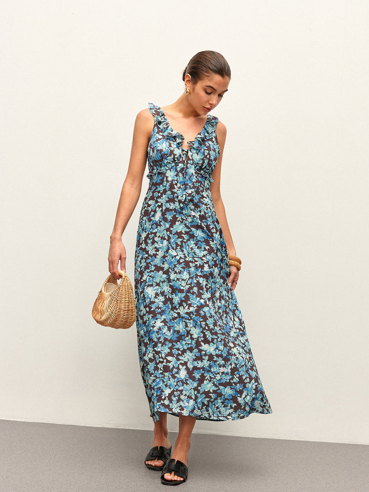 Floral Lettuce Trim V-Neck Zipper Dress