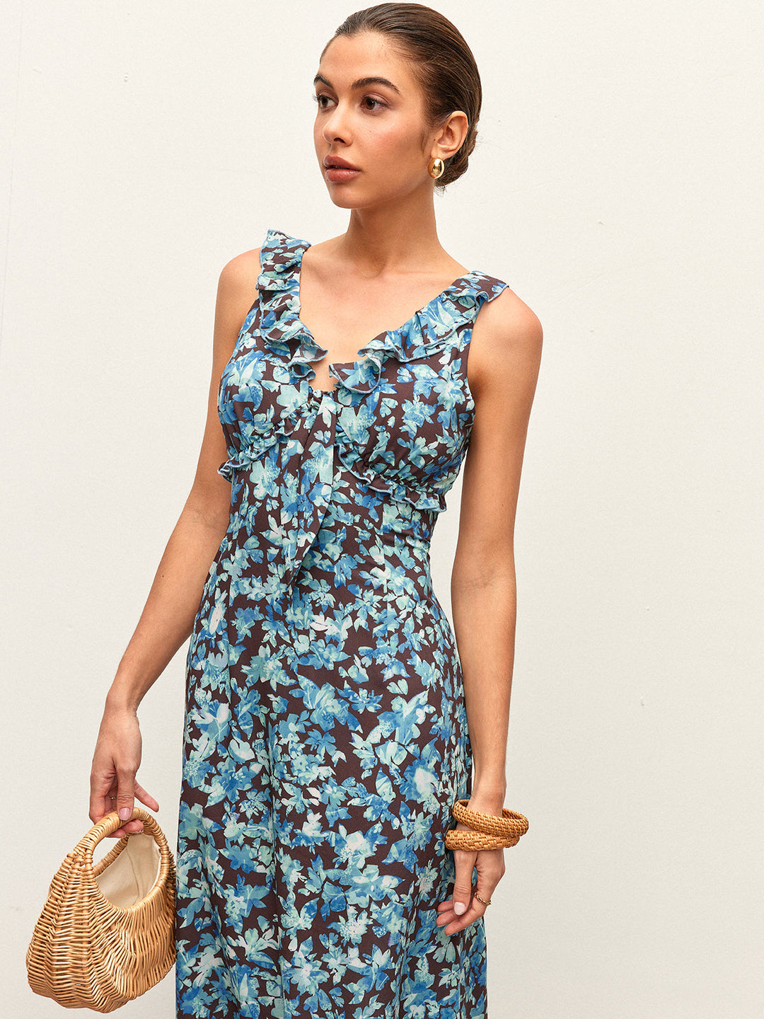 Floral Lettuce Trim V-Neck Zipper Dress
