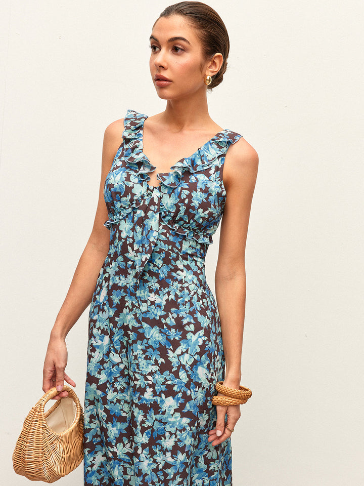 Floral Lettuce Trim V-Neck Zipper Dress