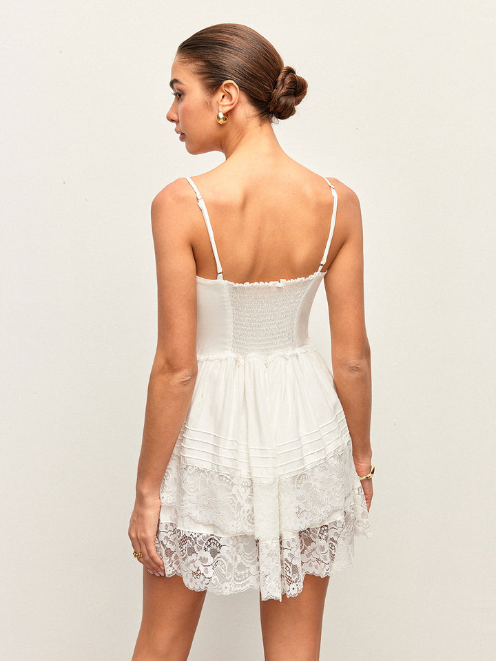 Pleated Lace-Trimmed Short Dress