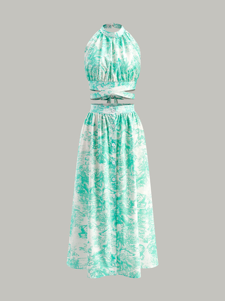 Halter Neck Backless Button-Front Skirt Set